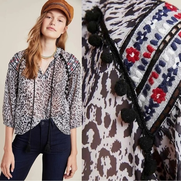 Anthropologie Bohemian Indian Rina Dhaka Peasant Blouse Leopard Embroidered XS - Picture 1 of 17